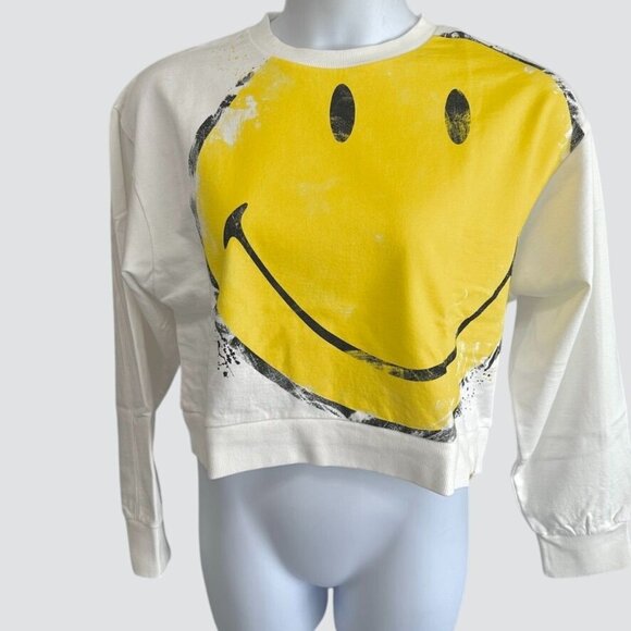 DESIGUAL Amazonas White Smiley Sweatshirt Rave Culture Cropped Relaxed Sz L NWT - Picture 3 of 13